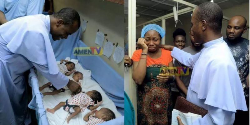Image result for Rev. Mbaka visited a member of his ministry who gave birth to the lovely four babies and took care of the hospital bill of 1.5million naira.