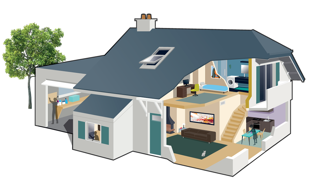 Schéma des éléments polluants à l'intérieur d'un logement
