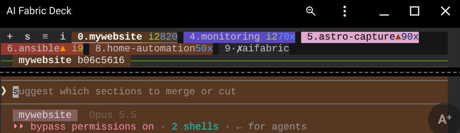 The strand deck: a tab bar of live strands (mywebsite, monitoring, astro-capture, ansible, home-automation, aifabric) above a Claude Code prompt