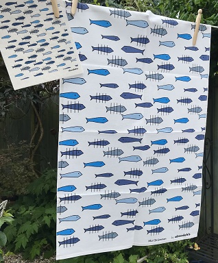 blue fish tea towel and sponge cloth