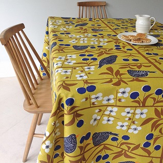 cherry orchard mustard swedish cotton fabric print