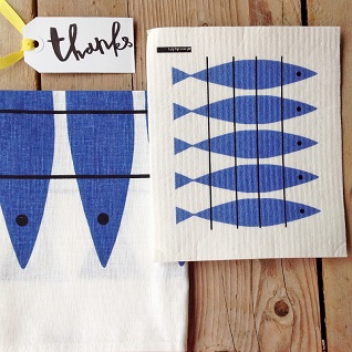 blue herring tea towel and washing up sponge gift