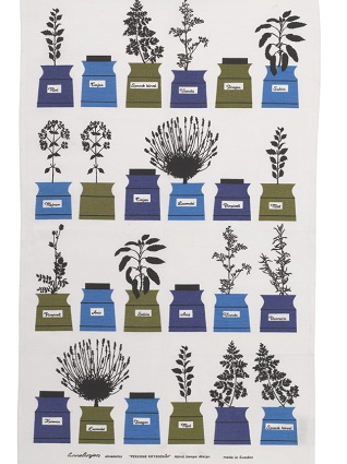 herb garden vintage tea towel in blue