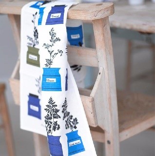 blue herb garden kitchen tea towel