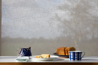 Neo recycled polyester and PET roller blind fabric in window