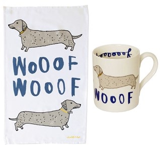 woof dog tea towel and mug gift set