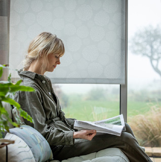 asha grey roller blind fabric in window