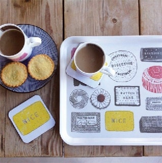 family favourites mug, tray, coaster design of cakes