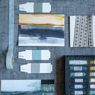 moodboard with Ramie roller blind fabric print