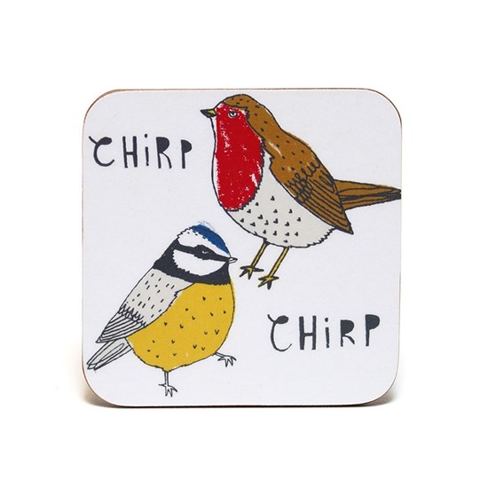 chirp coasters by illustrator charlotte farmer featuring a robins and blue tits saying chirp chirp coasters by illustrator charlotte farmer featuring a robins and blue tits saying chirp