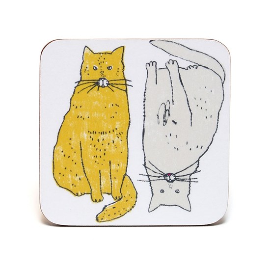 meow coasters by illustrator charlotte farmer featuring a fat content cat saying meow in yellow colo