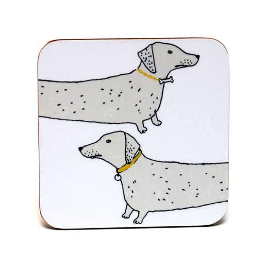 wooof coasters by British illustrator charlotte farmer featuring dachshund sausage dogs saying woof wooof coasters by British illustrator charlotte farmer featuring dachshund sausage dogs saying woof