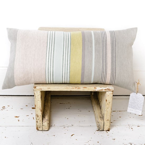 mistley striped luxury cushion designed by laura fletcher in silk & cotton woven apple green & yello