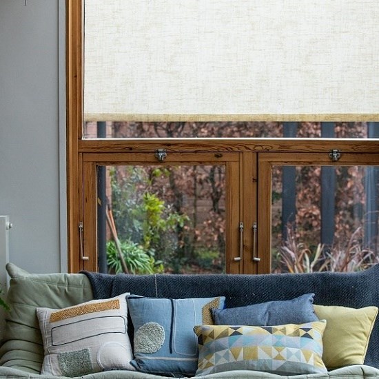 ramie roller blind print in mustard ramie roller blind print in mustard