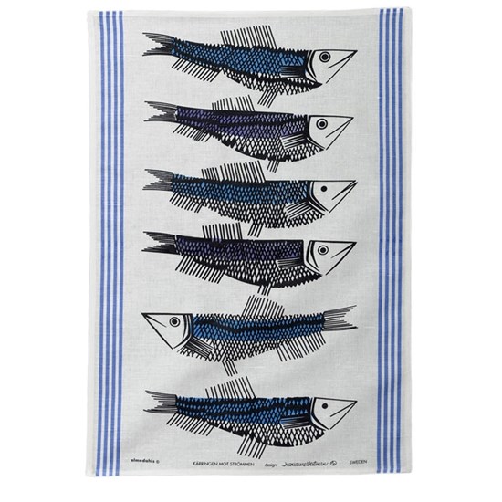 swedish fish cotton/linen blue tea towel of swimming fish swedish fish cotton/linen blue tea towel of swimming fish