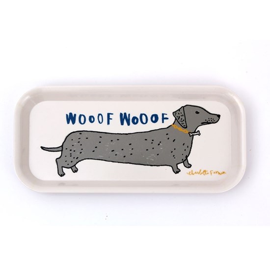 wooof drinks tray showing daschund sausage dogs saying woof drawn by fun illustrator charlotte farme