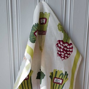 summer vegetables, design kitchen linen tea towel a vintage swedish print by Louise Carling showing Summer Vegetables tea towel