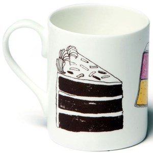 naughty but nice mug featuring battenburg doughnuts and gateux cake by British illustrator charlotte naughty but nice mug
