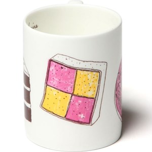 naughty but nice mug featuring battenburg doughnuts and gateux cake by British illustrator charlotte naughty but nice mug