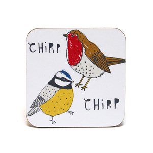 chirp coasters by illustrator charlotte farmer featuring a robins and blue tits saying chirp chirp coasters