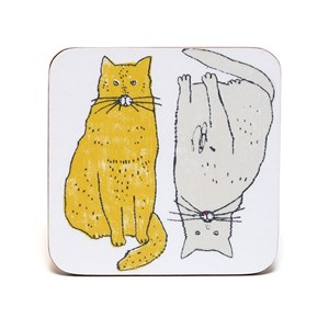 meow coasters by illustrator charlotte farmer featuring a fat content cat saying meow in yellow colo meow coasters
