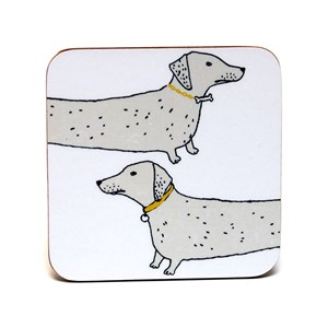 wooof coasters by British illustrator charlotte farmer featuring dachshund sausage dogs saying woof wooof coasters