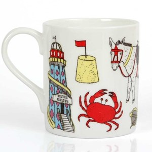 seaside fun mug by charlotte farmer featuring nautical sunglasses, crabs, trawlers lobsters, whales, seaside fun mug