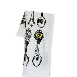 souvenir spoons tea towel by illustrator charlotte farmer, antique old spoons illustrated souvenir spoons tea towel