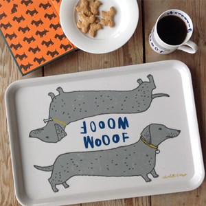 wooof large tray showing dachshund sausage dogs saying woof drawn by fun illustrator charlotte farme wooof large tray