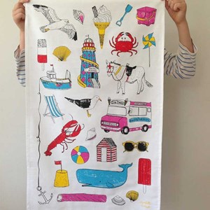 seaside fun tea towel by British designer charlotte farmer featuring summer sunglasses crabs trawler seaside fun tea towel