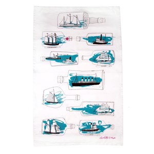 ship ahoy tea towel by illustrator charlotte farmer, showing many drawings of blue ships-in-bottles ship ahoy tea towel