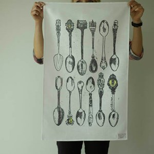 souvenir spoons tea towel by illustrator charlotte farmer, antique old spoons illustrated souvenir spoons tea towel