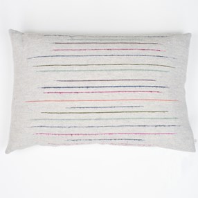 chalkney stripe cushion in soft grey slub effect striped woven cushion by Laura Fletcher in multi colour on off-white ground