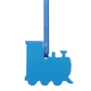 childs blind pull - train blue train window roller blind pull in painted wood with matching blue ribbon