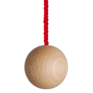 large natural wooden ball bathroom light pull with bright red cotton rope cord