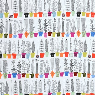 crazy pots cotton fabric printed with colourful flower pots and humorous plants