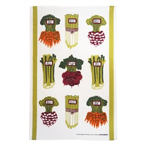 Summer Vegetables tea towel summer vegetables kitchen linen tea towel print by Louise Carling with asparagus carrots