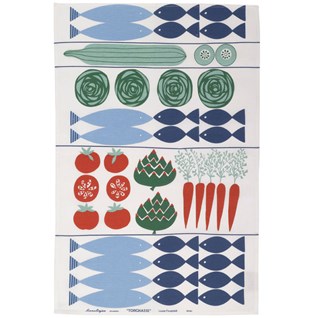 fish supper tea towel blue & red fish supper swedish tea towel with fish and vegetables ready for cooking on cotton/linen