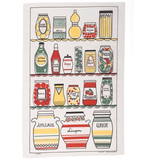 Swedish pantry tea towel swedish pantry designer tea towel with retro jars and bottles in a 1950's larder