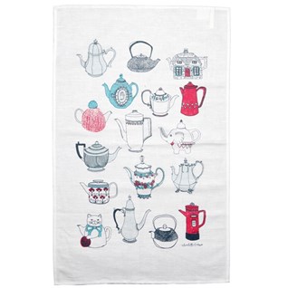 tea pot tea towel with collection of souvenir tea pots on cotton fabric