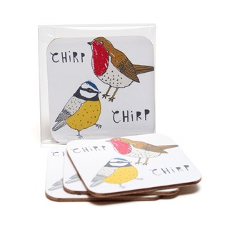 chirp coasters featuring a robin and blue tit by illustrator charlotte farmer