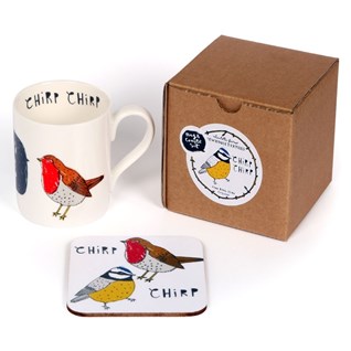 chirp bird mug & coaster gift set of robin and blue tit by illustrator charlotte farmer