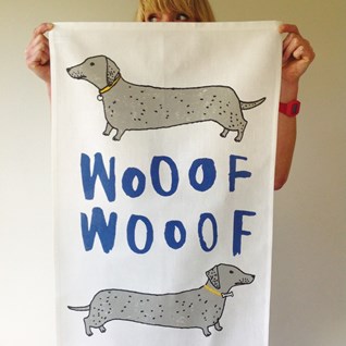 wooof tea towel wooof kitchen tea towel of dachshund or sausage-dogs by illustrator charlotte farmer