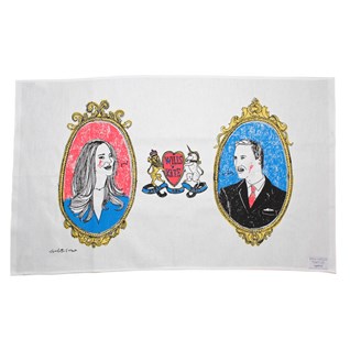 kate 'n' wills tea towel kate and wills royal family tea towel by illustrator charlotte farmer, souvenir of Britain