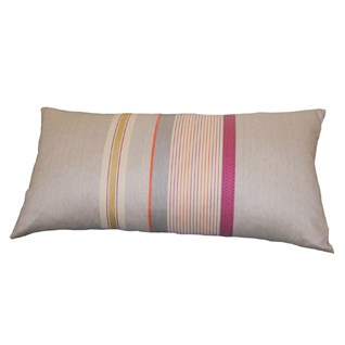 striped woven cushion in orange red ochre pink and grey designed by laura fletcher