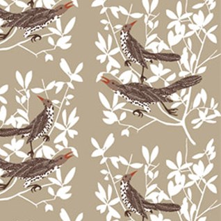 duett fabric - beige beige/natural and white duett cotton/linen fabric print with two thrushes singing in a tree