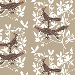 beige/natural and white duett cotton/linen fabric print with two thrushes singing in a tree