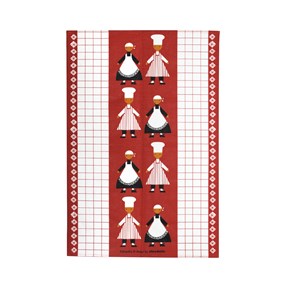 red & white drying up kitchen tea towel cloth in cotton/linen with dancing cooks in the design