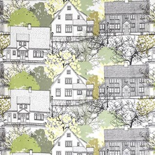 prastliden fabric - lime lime green prastliden cotton curtain fabric print of houses by Gunilla Gunnarsson