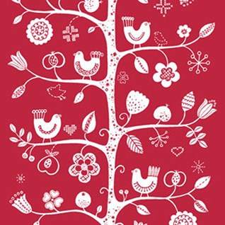 birdsong fabric - red & white red and white traditional fabric print of tree, birds and flowers printed on cotton for interiors
